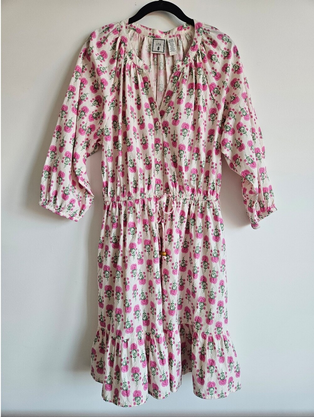 LÉA Pink Floral Block Print 100% Cotton Dress 3/4 Sleeves Anthropologie Medium